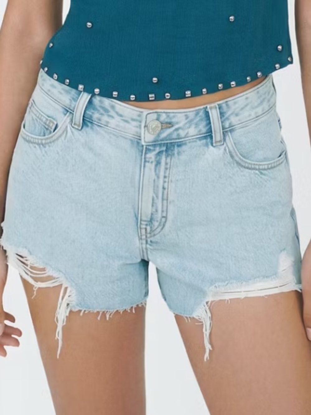 Mango Light Wash Distressed Denim Shorts - Light Blue FRAYED DETAIL SHORTS 1430